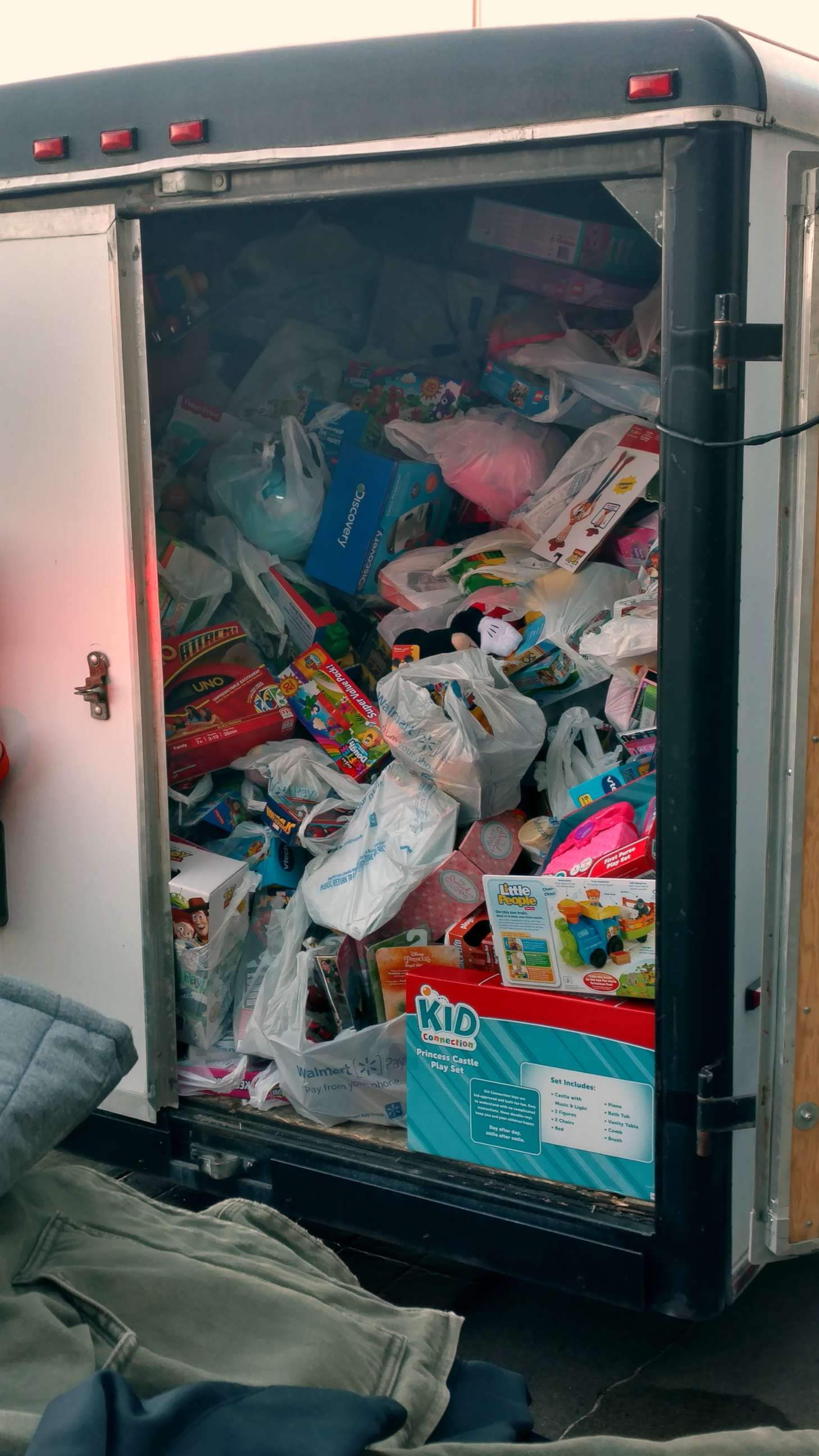 PHOTO: A 14-foot police trailer is stuffed with toys after a donation drive in Hayden, a suburb of Coeur d'Alene, Idaho, Dec. 15, 2018.