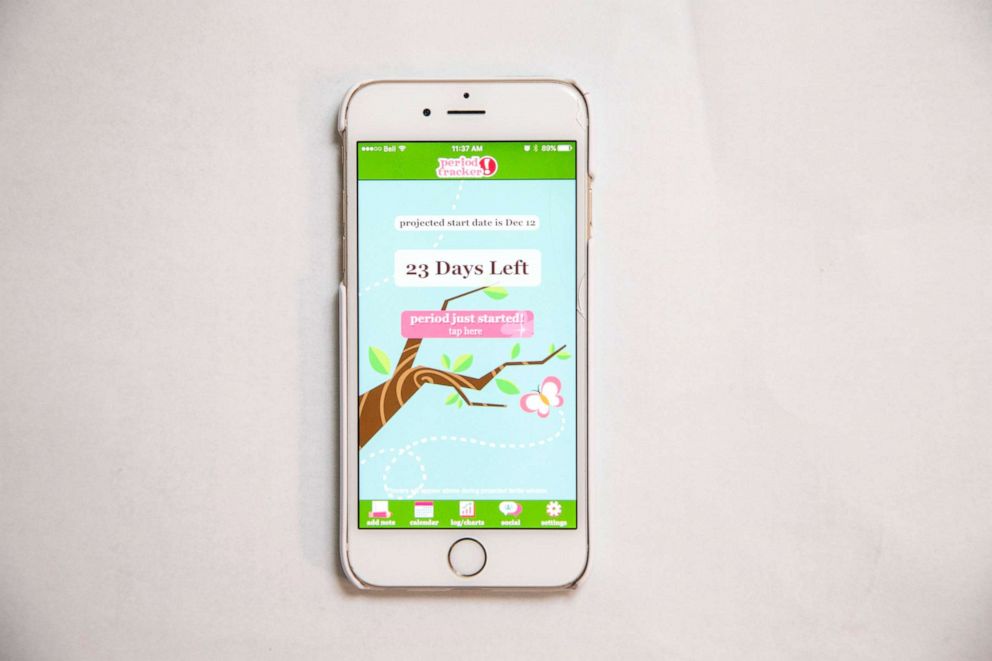 PHOTO: The screen of a smartphone shows a period tracker app, Nov. 19, 2015.   
