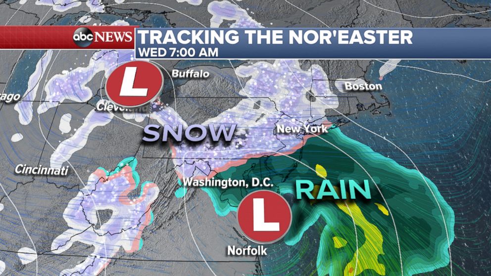 PHOTO: Tracking the nor'easter, Wednesday at 7am.
