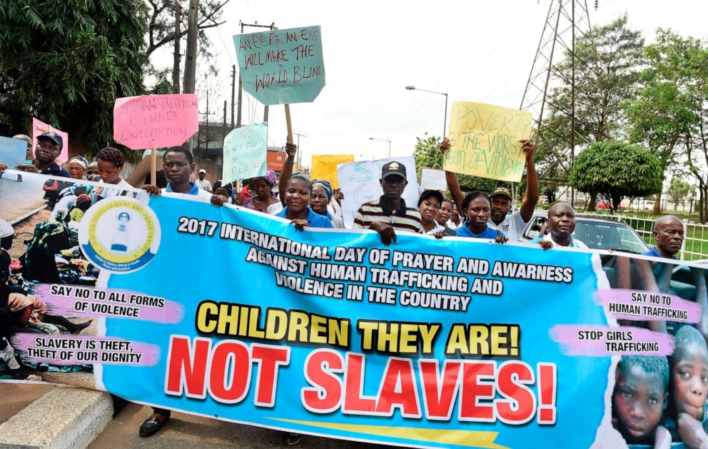 PHOTO: Rights activists, under the umbrella of the Justice Development and Peace commission, march against the illegal human trafficking and countrywide violence during a protest march on March 18, 2017 in Lagos.