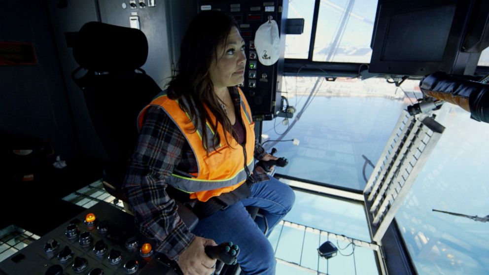 PHOTO: Maria Adame is one of few women working as a longshoreman for the Port of Long Beach and Port of Los Angeles in California.