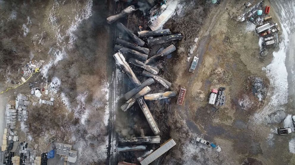 PHOTO: This video screenshot released by the U.S. National Transportation Safety Board (NTSB) shows the site of a derailed freight train in East Palestine, Ohio, Feb. 15, 2023.