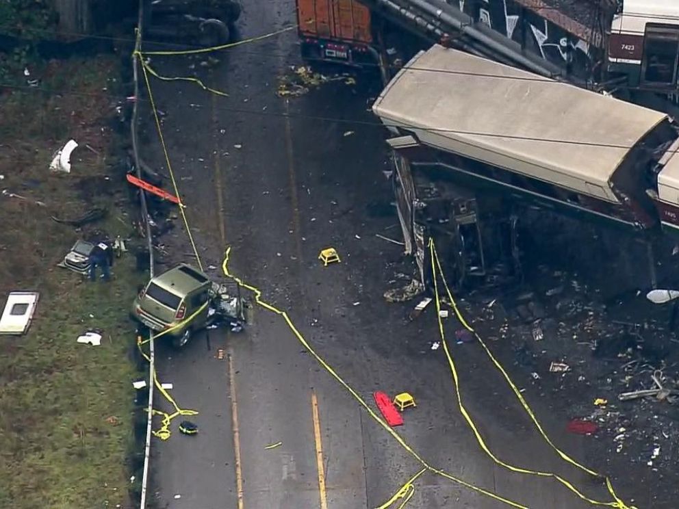 PHOTO: An aerial image made from video shows the scene of the Amtrak Cascades 501 train derailment at I5 south of Tacoma in Washington state, Dec. 18, 2017.