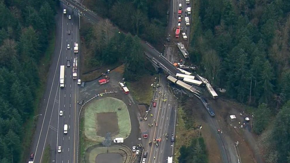 PHOTO: An aerial image made from video shows the scene of the Amtrak Cascades 501 train derailment at I5 south of Tacoma in Washington state, Dec. 18, 2017.
