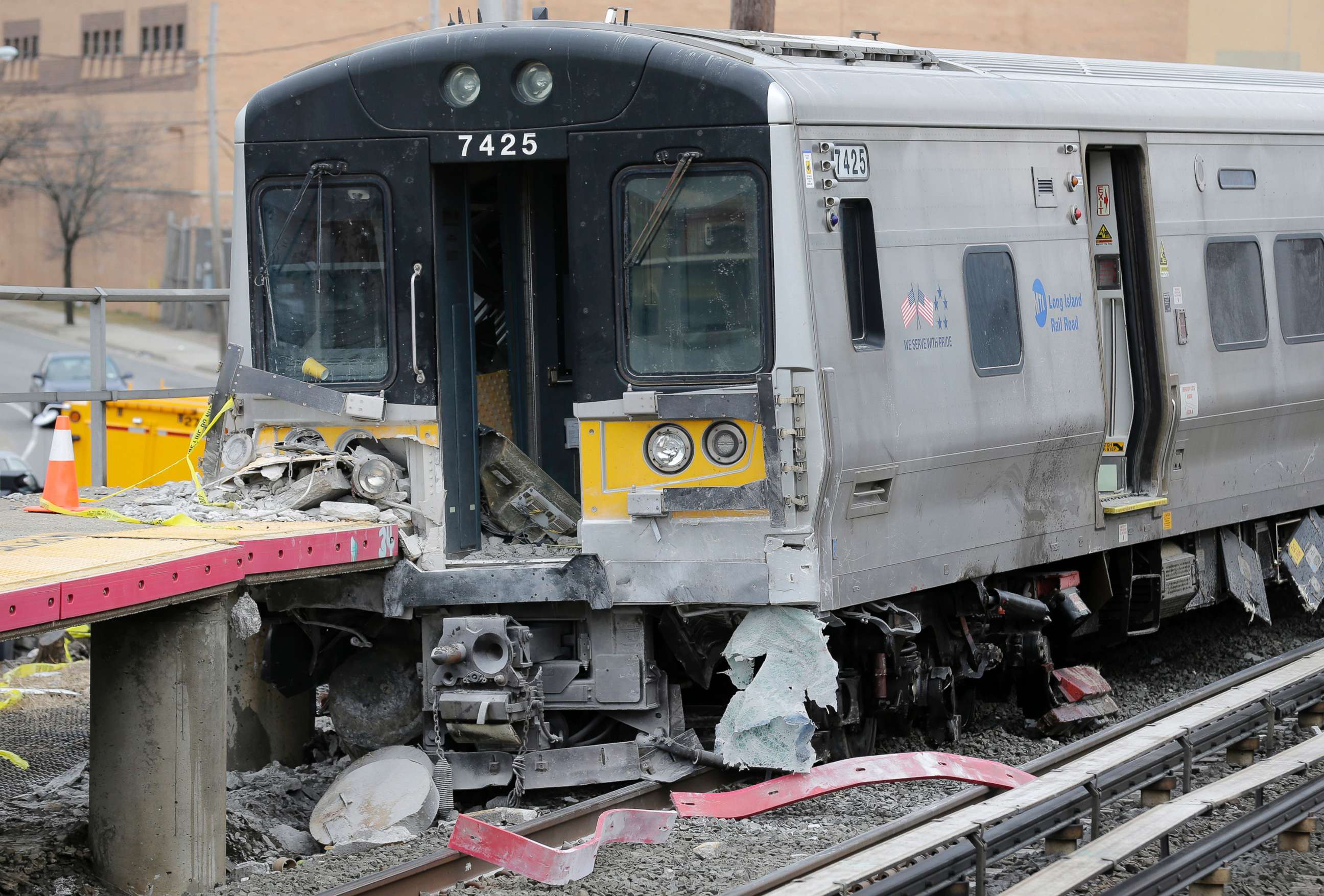 PHOTO: A train that derailed after striking a vehicle is seen in Westbury, N.Y., Feb. 27, 2019. Two commuter trains traveling in opposite directions collided with a vehicle on the tracks in Westbury, killing all three occupants.
