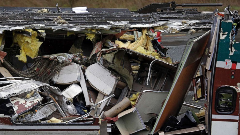 PHOTO: Seats are jammed together with other debris on an upside-down Amtrak train car sitting on a flat bed trailer taken from the scene of Monday's deadly crash onto Interstate 5, Dec. 19, 2017, in DuPont, Wash.