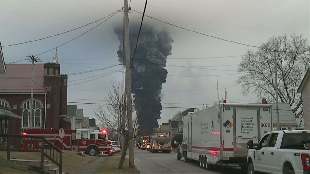 PHOTO: A controlled release of toxic materials is conducted following a train derailment in East Palestine, Ohio, Feb. 6, 2023.