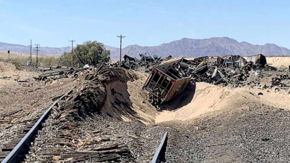 PHOTO: Scene of a multi-car train derailment in San Bernardino County, California, MArch 27, 2023.