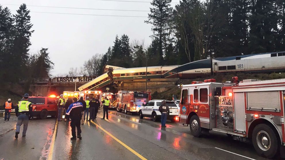 Emergency crews respond to the scene of a train derailment in Washington state, Dec. 18, 2017.