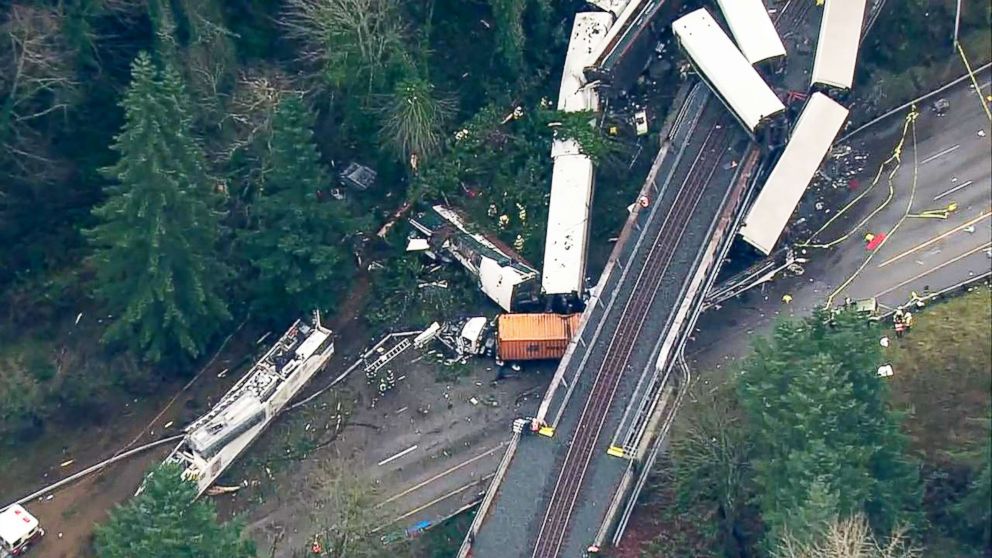 PHOTO: An aerial shot captures the wreckage of a train derailment in Washington state, Dec.18, 2017.