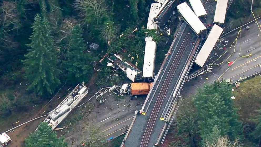 An aerial shot captures the wreckage of a train derailment in Washington state, Dec.18, 2017.