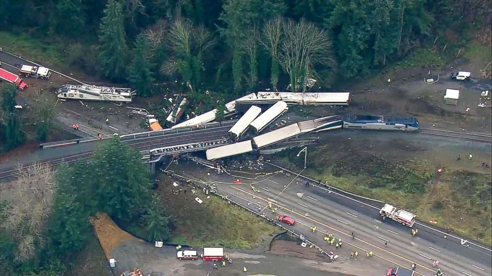 PHOTO: An aerial shot captures the wreckage of a train derailment in Washington state, Dec.18, 2017.