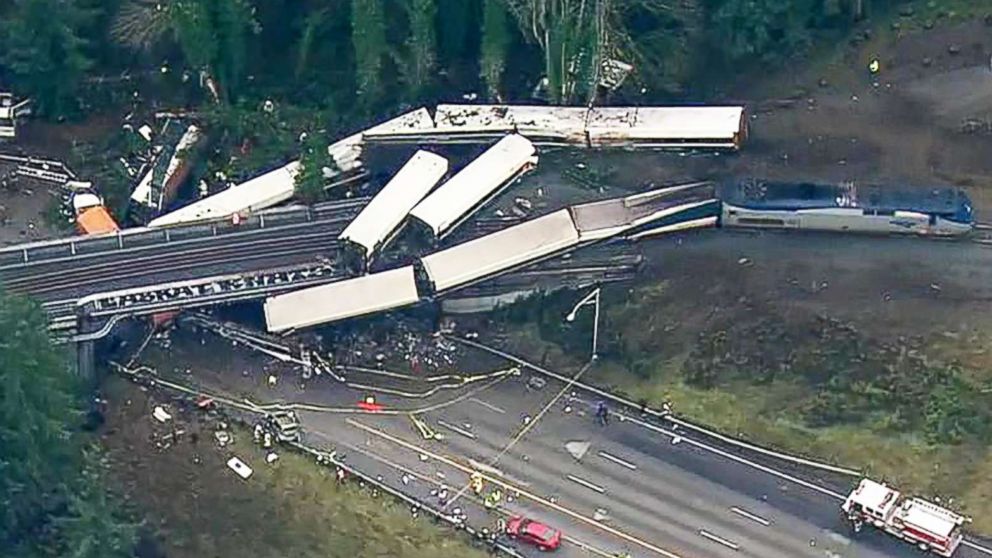 PHOTO: An aerial shot captures the wreckage of a train derailment in Washington state, Dec.18, 2017.