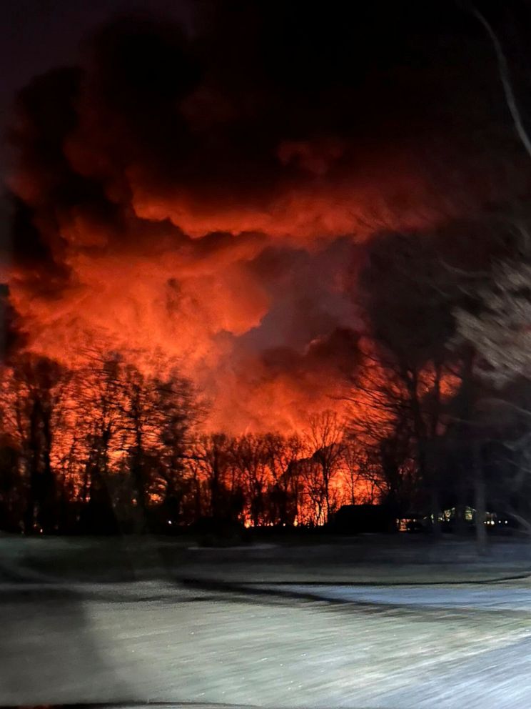 PHOTO: In this photo provided by Melissa Smith, a train fire is seen from her farm in East Palestine, Ohio, on Feb. 3, 2023.