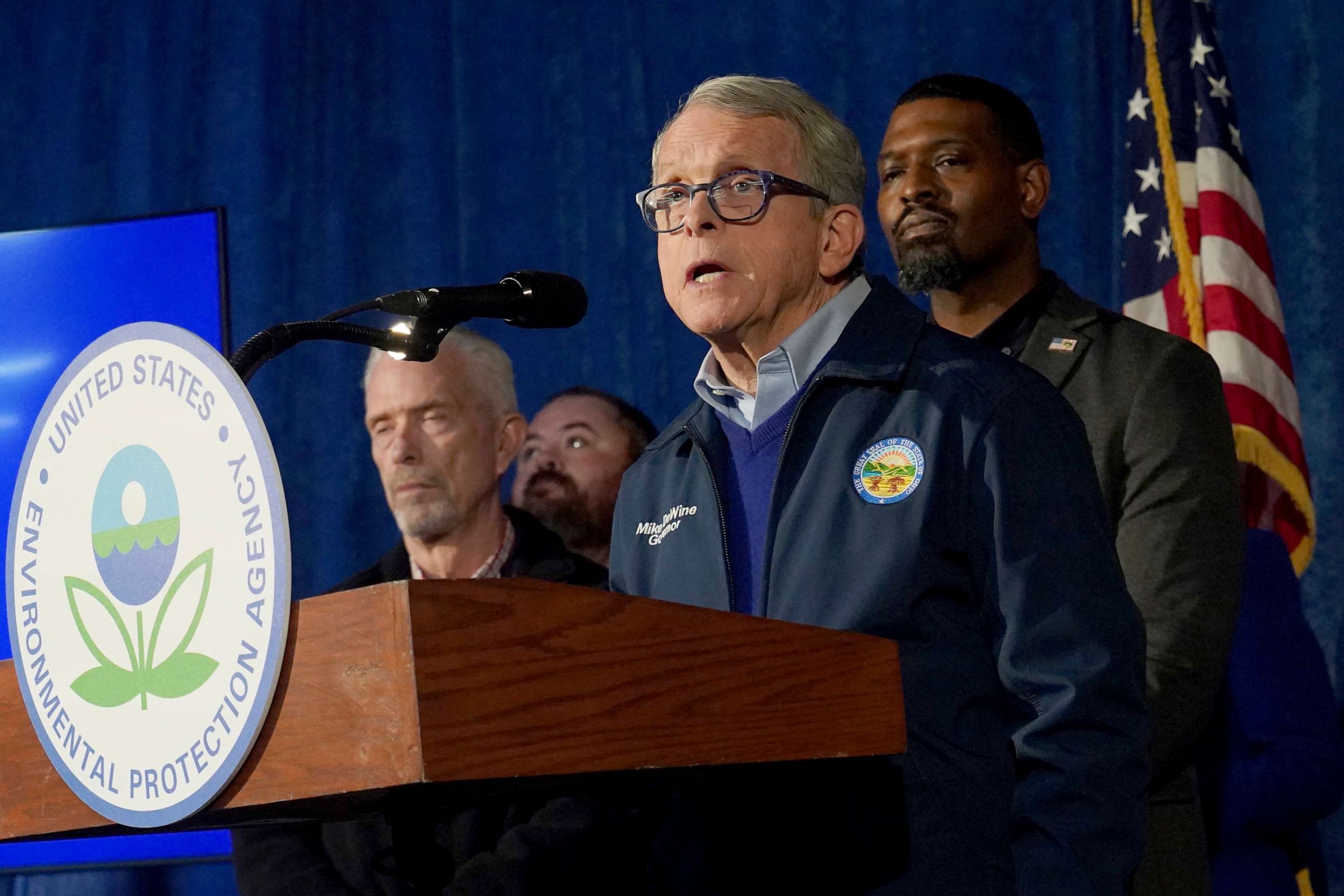 PHOTO: Ohio Gov. Mike DeWine speaks during a news conference in East Palestine, Ohio, on Feb. 21, 2023.