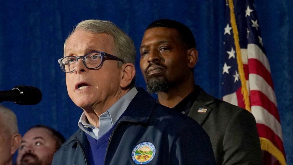PHOTO: Ohio Gov. Mike DeWine speaks during a news conference in East Palestine, Ohio, on Feb. 21, 2023.