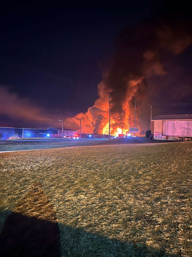 PHOTO: A large fire after a train derailment is shown in East Palestine, ohio, on Feb. 4 2023.