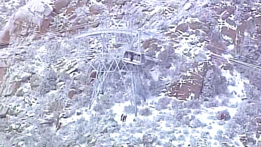 PHOTO: Rescue efforts are underway as 20 people have been trapped overnight in tram cars at Sandia Peak Tramway, in Albuquerque, N.M., Jan. 1, 2022. 