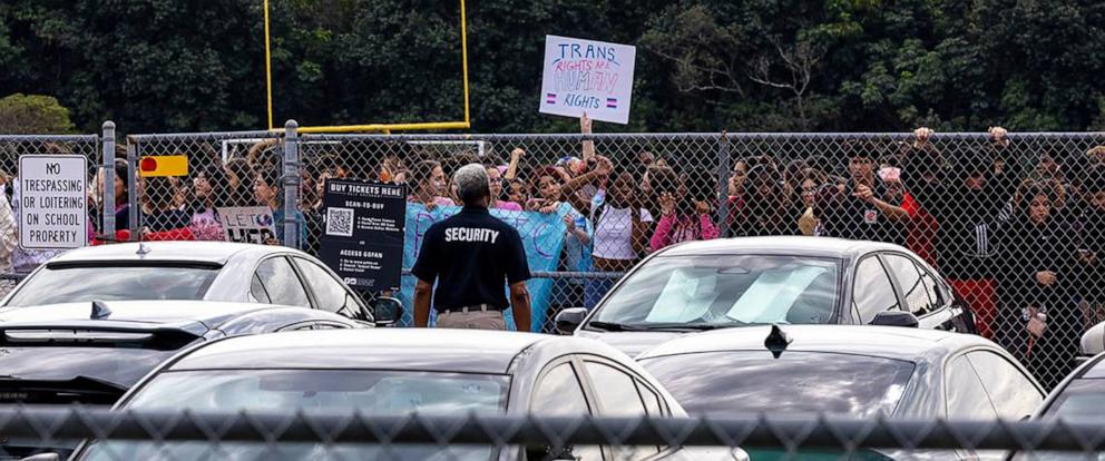 PHOTO: Monarch High School students conduct a walkout in support of a transgender student athlete, Nov. 28, 2023, in Coconut Creek, Fla.