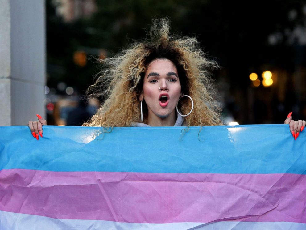 PHOTO: Morgin Dupont, 25, a woman of trans experience, holds up the flag for Transgender and Gender Noncomforming people at a rally for LGBTQI+ rights at Washington Square Park on October 21, 2018 in New York City.