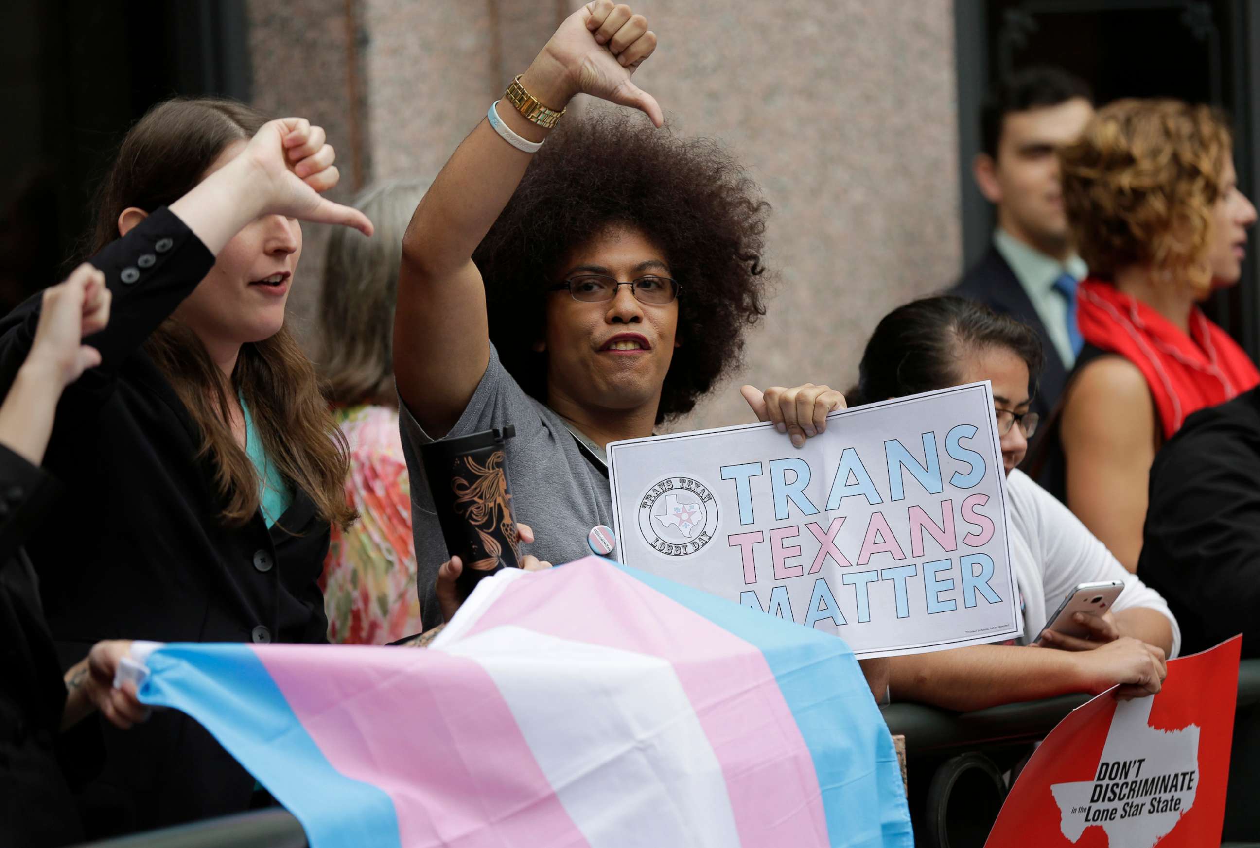 Nicole Perry shows opposition to Senate Bill 6, referred to as the "bathroom bill", in a protest at the Texas Capitol as the Senate State Affairs Committee holds hearings on the bill, March 7, 2017, in Austin, Texas.