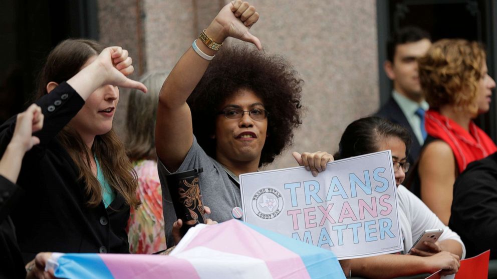 Nicole Perry shows opposition to Senate Bill 6, referred to as the "bathroom bill", in a protest at the Texas Capitol as the Senate State Affairs Committee holds hearings on the bill, March 7, 2017, in Austin, Texas.