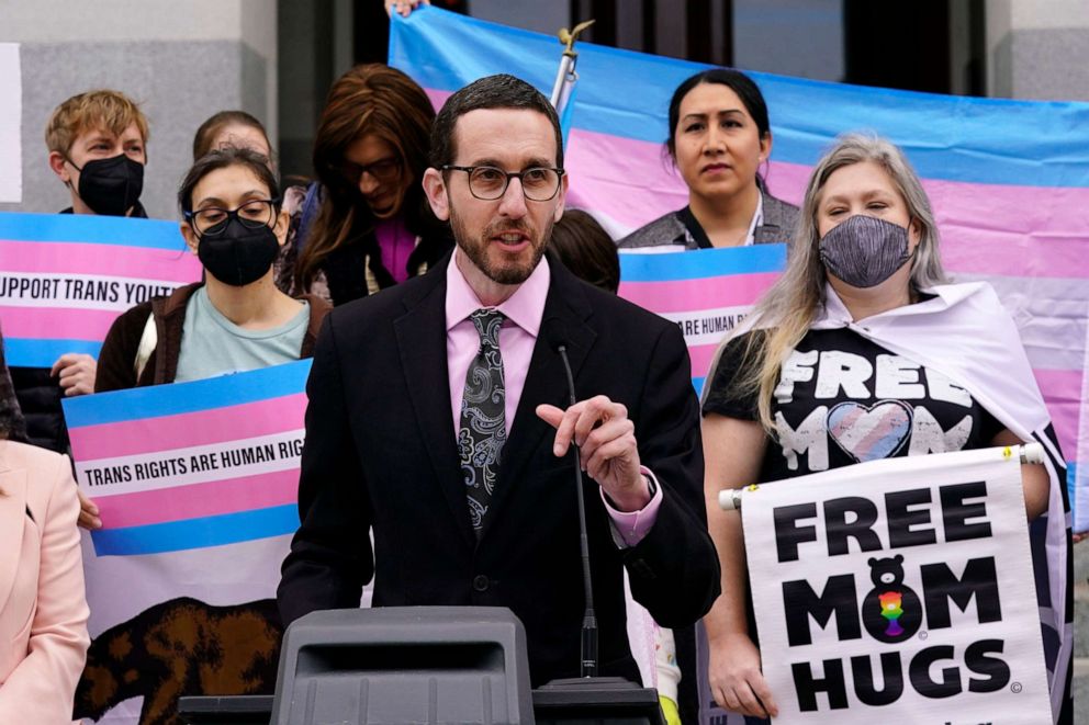 PHOTO: In this March 17, 2022, file photo, State Sen. Scott Wiener discusses his proposed measure to provide legal refuge to displaced transgender youth and their families during a news conference in Sacramento, Calif.