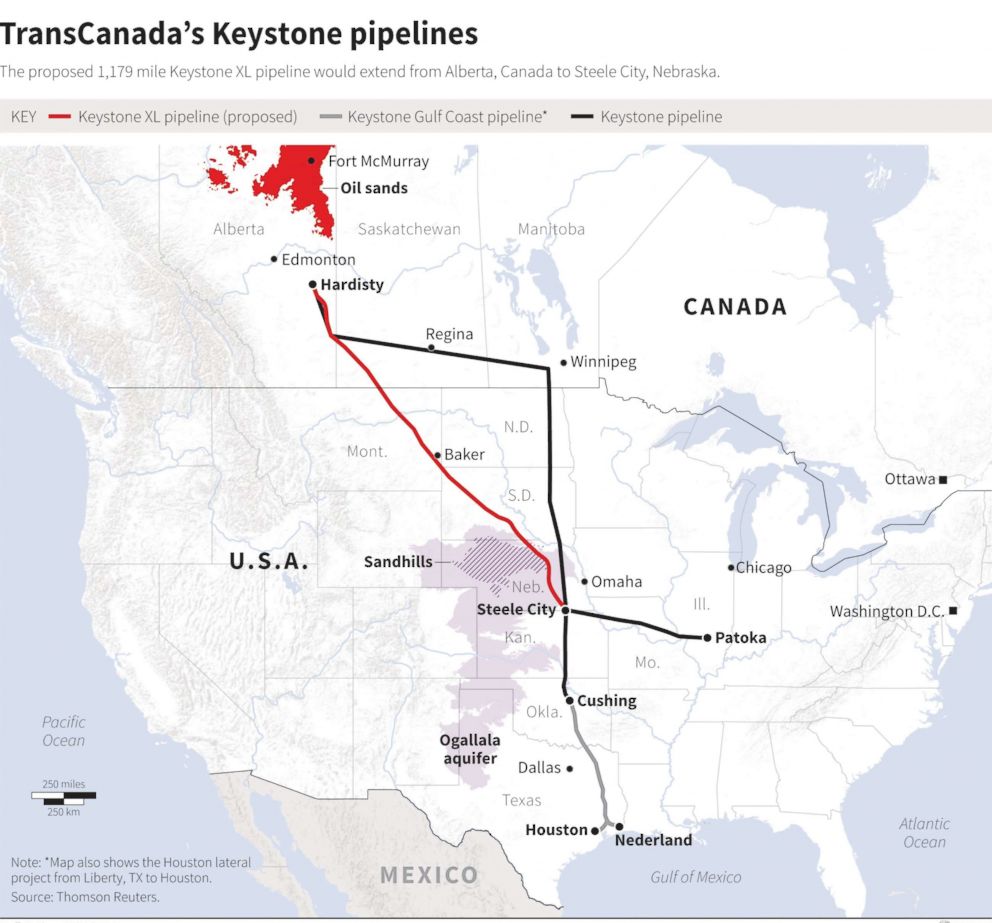 PHOTO: A Reuters map released in 2014 shows the proposed route of TransCanada's Keystone pipelines.