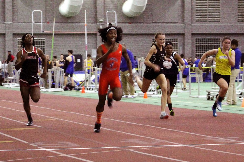 PHOTO: Bloomfield High School transgender athlete Terry Miller, second from left, wins the final of the 55-meter dash in the Connecticut girls Class S indoor track meet at Hillhouse High School in New Haven, Conn., Feb. 7, 2019.