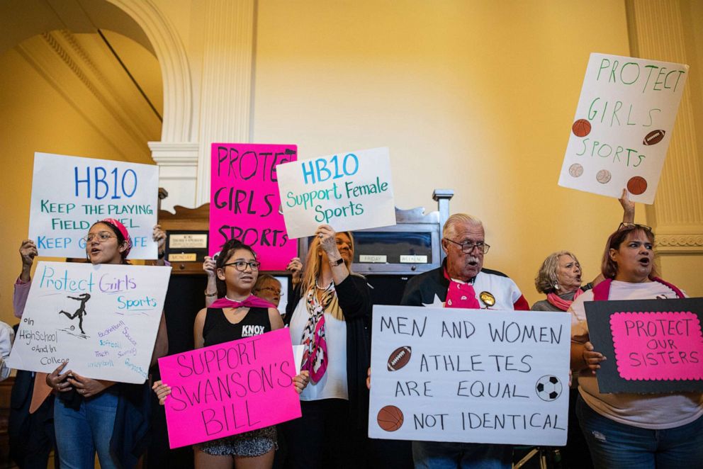 PHOTO: Demonstrators supporting restrictions on transgender student athletes gather at the Texas State Capitol during a special session of the legislature on Sept. 20, 2021 in Austin, Texas.