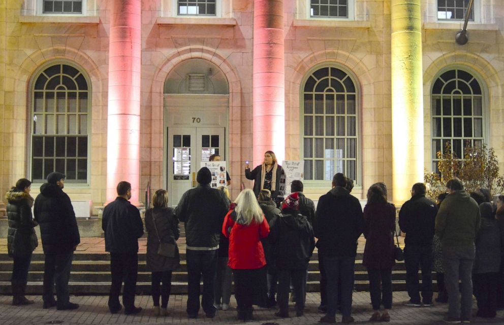 PHOTO: Ashley Shade leads a candlelight vigil on the steps of Pittsfield City Hall in Pittsfield, Mass., during the third annual Berkshire Trans Day of Remembrance, Nov. 20, 2019.