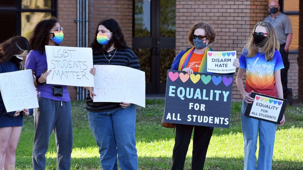 PHOTO: Before the Brevard County School Board meeting in Viera, Fla., on March 9, 2021, opposing groups gathered regarding public school guidelines for LGBT and transgender students.