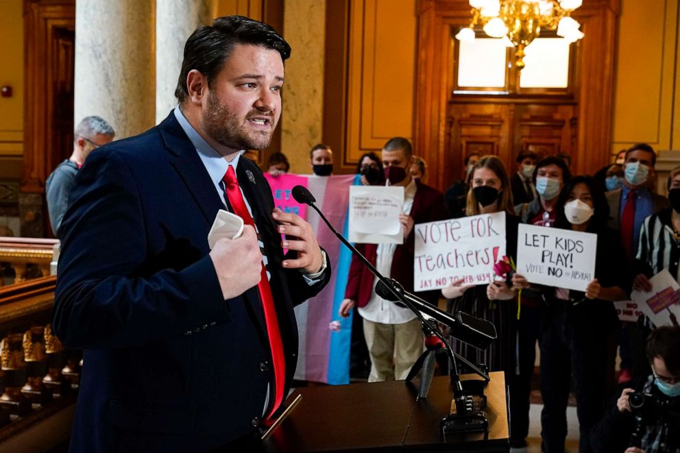 PHOTO: Indiana Sen. J.D. Ford speaks at a rally held in opposition to two bills being considered at the Statehouse in Indianapolis, on Feb. 16, 2022.