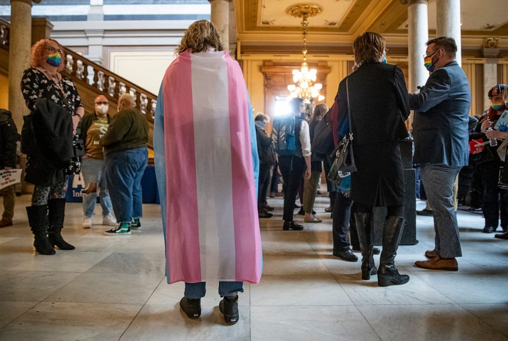 PHOTO: Demonstrators gather for a "Let Kids Play" rally coordinated by ACLU Indiana on Feb. 9, 2022, at the Statehouse in Indianapolis.