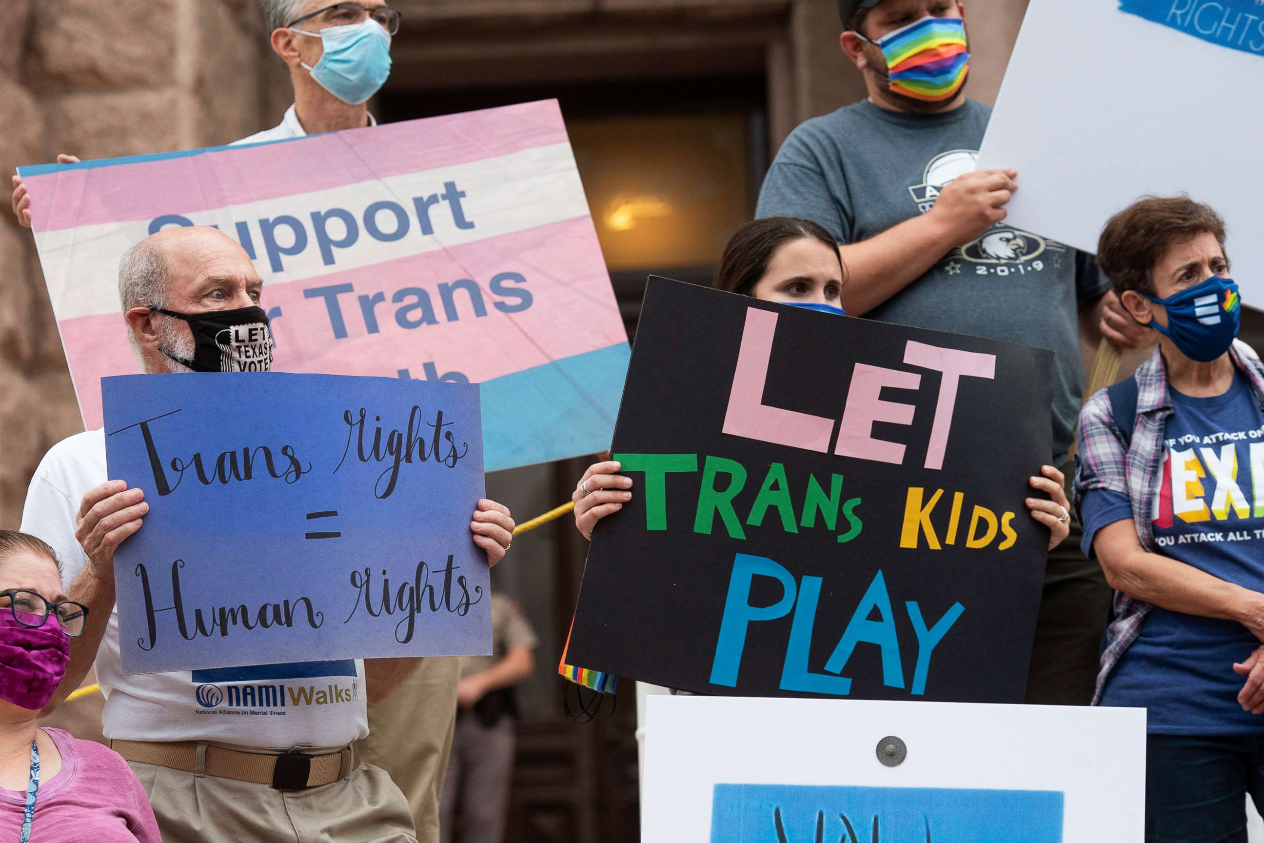 PHOTO: Transgender youth, parents and several Democratic lawmakers rally at the south steps of the Texas Capitol in Austin, April 28, 2021, criticizing several anti-transgender bills winding their way through the legislature.