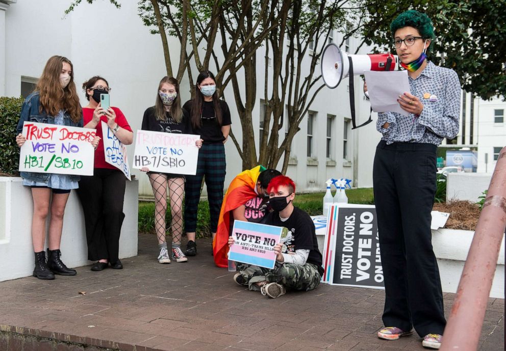 PHOTO: Transgender student Elijah Baay leads a youth transgender rights rally outside the Alabama State House in Montgomery, Ala., on March 30, 2021.