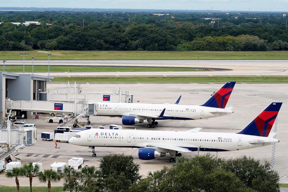PHOTO: A Delta Airlines Boeing 757 pushes back from the gate at the Tampa International Airport Tuesday, in Tampa, Fla., Sept. 27, 2022.