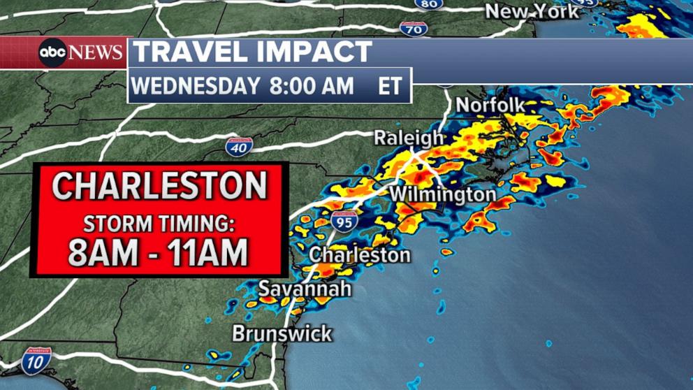 PHOTO: Heavy rain is expected and travel issues are still possible this morning, as heavy rain is expected from Charleston, SC to Norfolk, VA. 