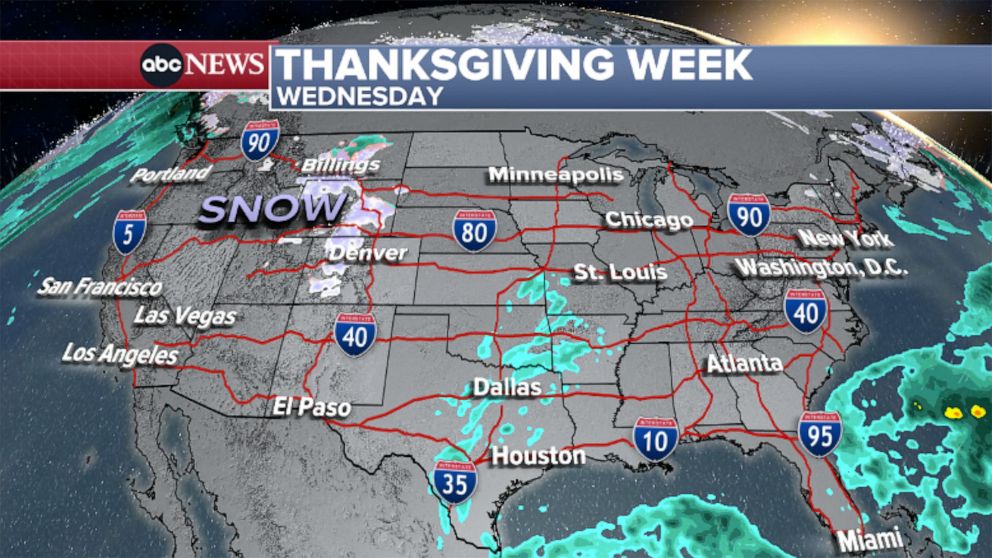 PHOTO: The travel weather forecast for Wednesday of Thanksgiving week is shown on an ABC News graphic released on Nov. 23, 2022.