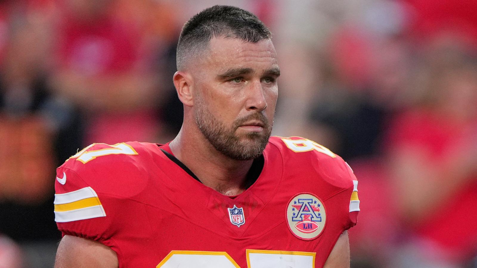 PHOTO: Kansas City Chiefs tight end Travis Kelce looks on prior to an NFL football game against the Denver Broncos, Sept. 14, 2026, in Kansas City, Mo.