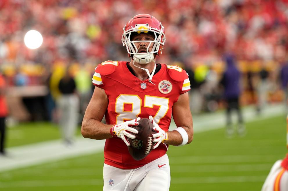 PHOTO: Kansas City Chiefs tight end Travis Kelce warms up before the start of an NFL football game against the Baltimore Ravens on Sept. 5, 2024, in Kansas City, Mo. 