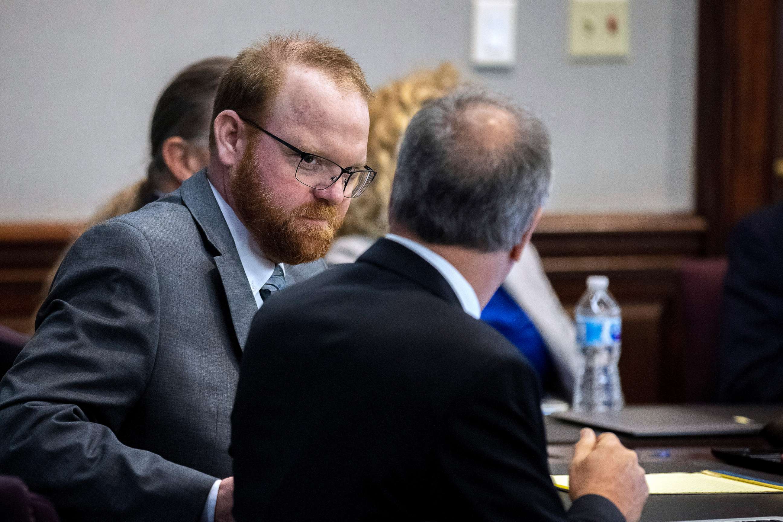 PHOTO: Defendant Travis McMichael speaks with his attorney Bob Rubin while they wait for the jury to return during the trial of McMichael and his father, Greg McMichael, and a neighbor, William "Roddie" Bryan, Nov. 24, 2021, in Brunswick, Ga.