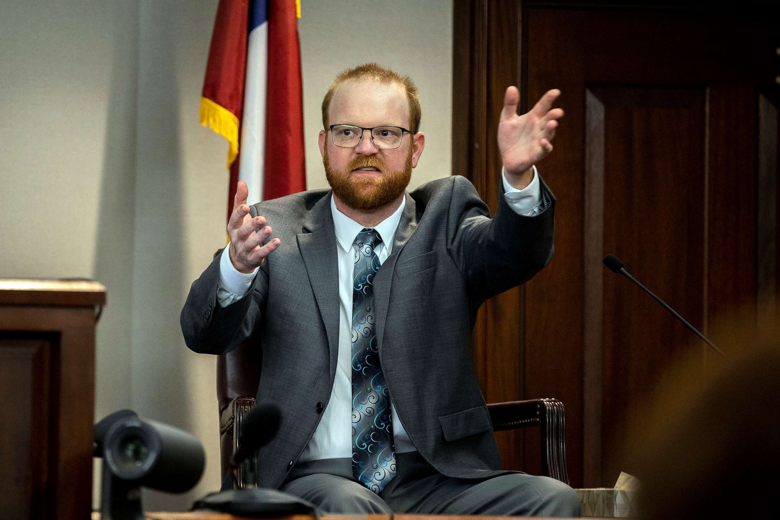 PHOTO: In this Nov. 17, 2021, file photo, Travis McMichael speaks from the witness stand during his trial at the Glynn County Courthouse in Brunswick, Ga.
