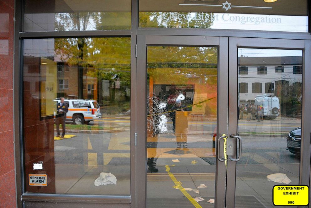 PHOTO: The bullet damaged doors of the Tree of Life synagogue building in Pittsburgh, was entered June 1, 2023, as a court exhibit by prosecutors in the federal trial of Robert Bowers.