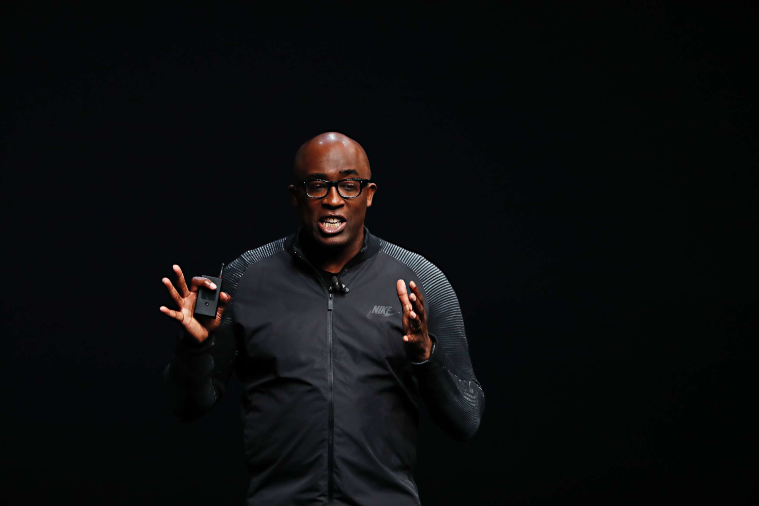 PHOTO: TTrevor Edwards speaks on stage during an Apple launch event on Sept. 7, 2016 in San Francisco. Nike announced on March 15, 2018 that Edwards has resigned as CEO and will retire in August.