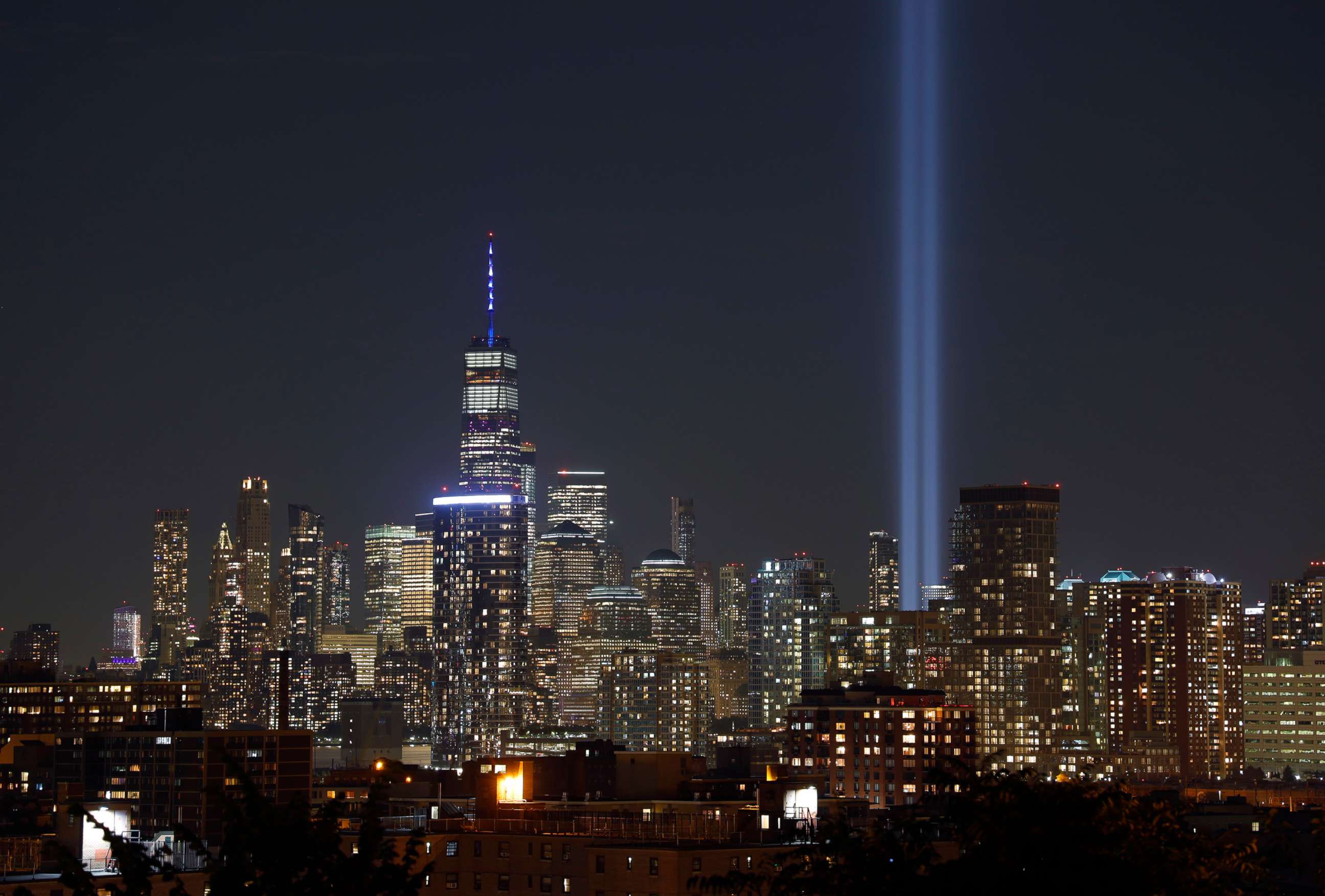 PHOTO: The annual Tribute in Light is illuminated on the skyline of lower Manhattan on the 18th anniversary of the 9/11 attacks in New York City on Sept. 11, 2019 as seen from Jersey City, N.J.