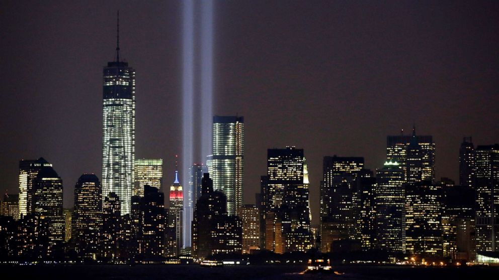 PHOTO: In this Wednesday, Sept. 11, 2013, file photo, the twin beams of the annual Tribute in Light commemorating the Sept. 11, 2001, terrorist attacks shine amid the city's skyline, in New York.