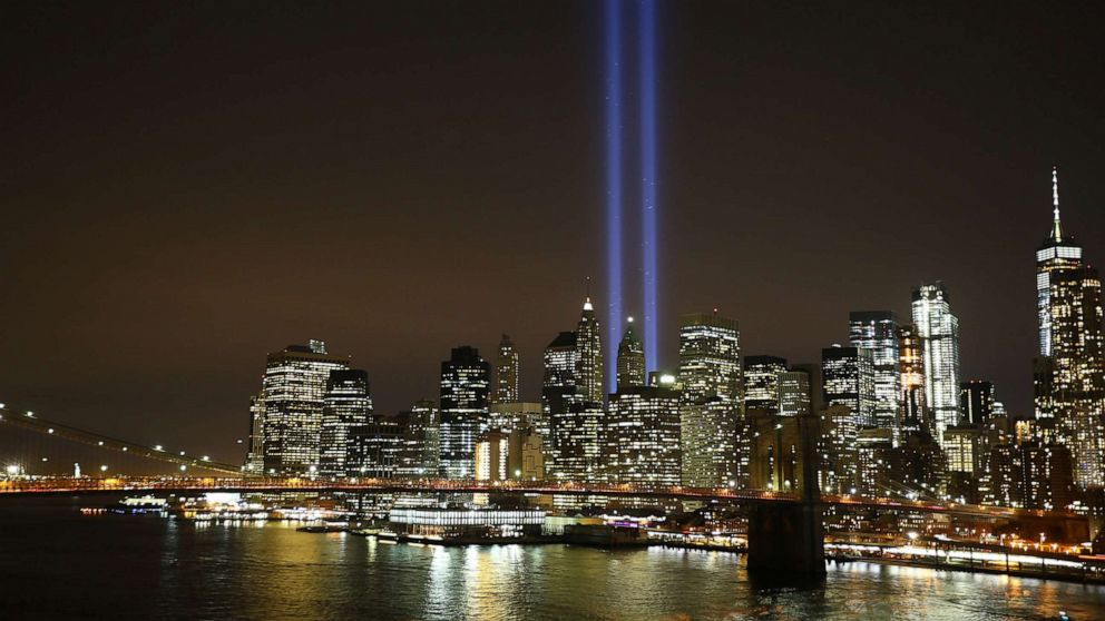 PHOTO: 9/11 Memorial "Tribute in Light" is seen in Manhattan skyline from Brooklyn Bridge Park in Brooklyn, on September 11, 2017.