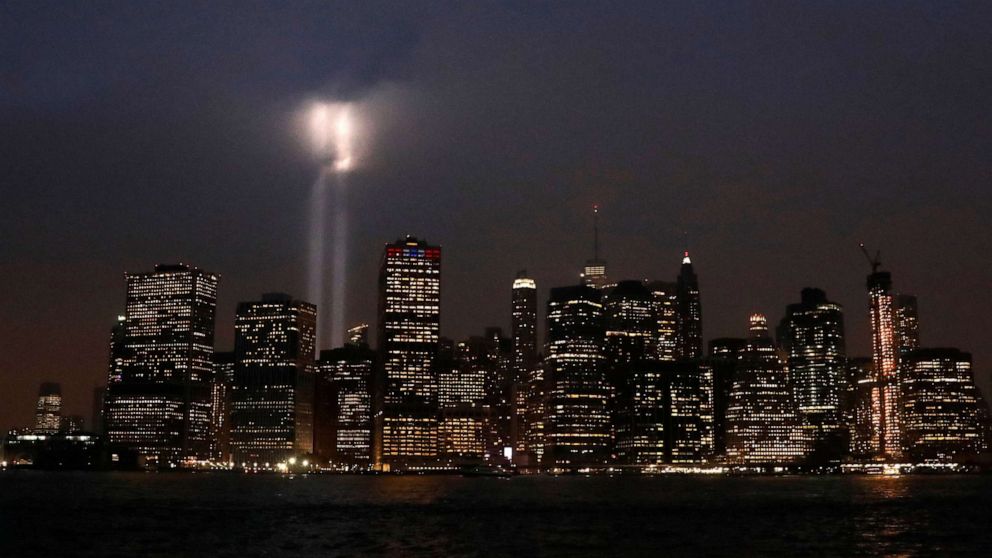 PHOTO: The Tribute in Light installation is illuminated over lower Manhattan as seen from Brooklyn, September 11, 2018.