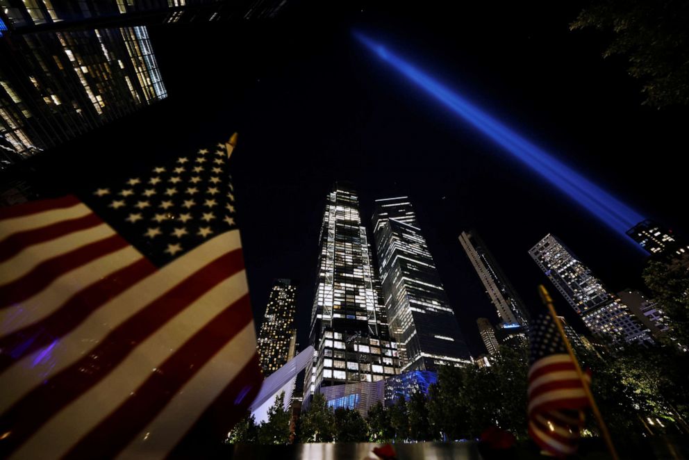 PHOTO: The Tribute in Light art installation is seen from the National September 11 Memorial on the day marking the 20th anniversary of the Sept. 11, 2001, attacks in New York City, Sept. 11, 2021.